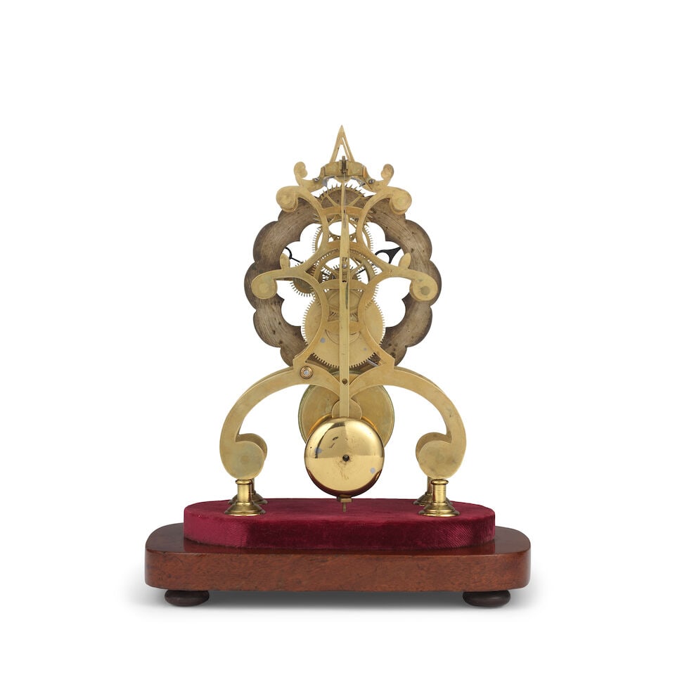 A skeleton clock timepiece in glass dome and mahogany base - 3