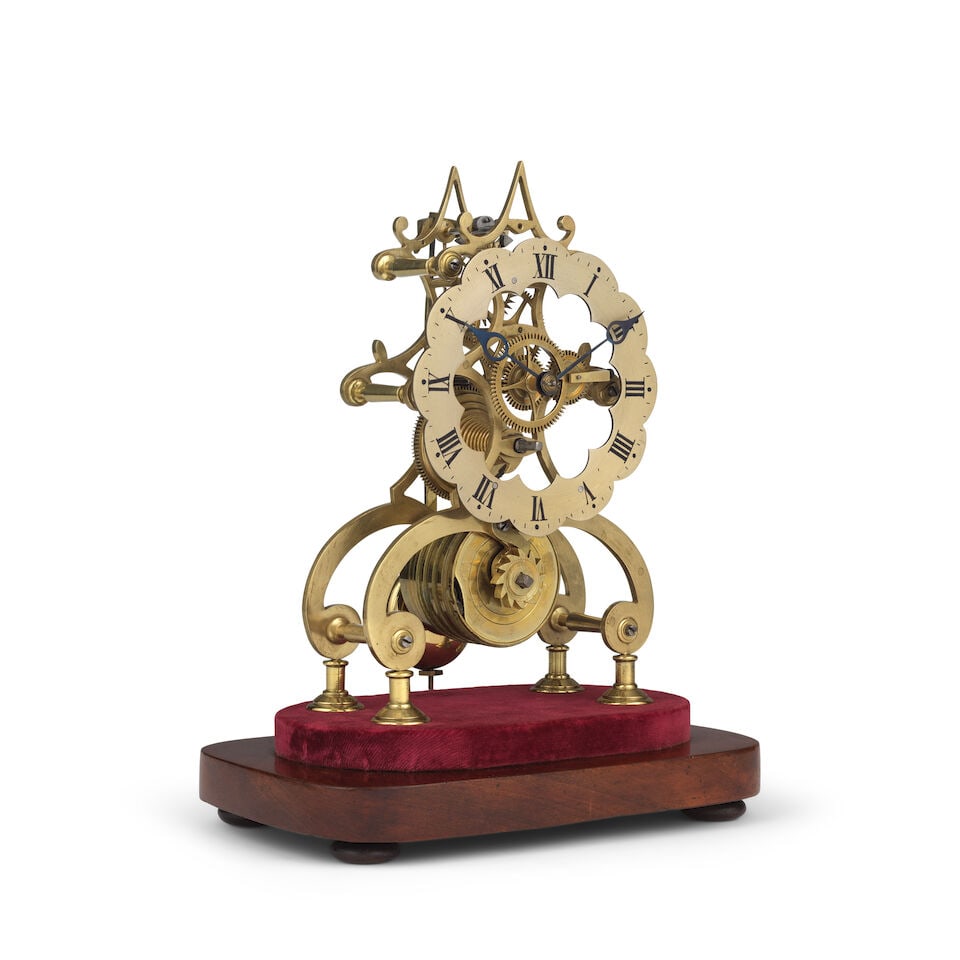 A skeleton clock timepiece in glass dome and mahogany base - 4