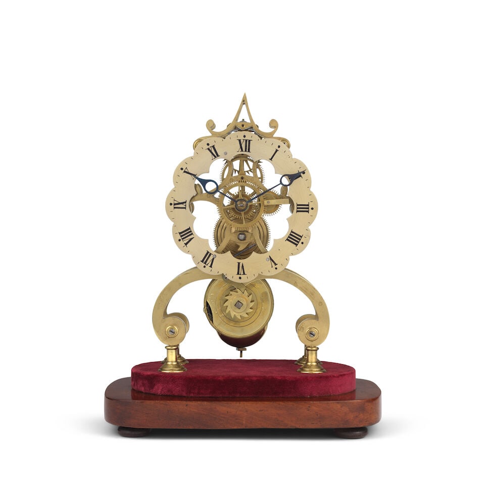 A skeleton clock timepiece in glass dome and mahogany base - 5