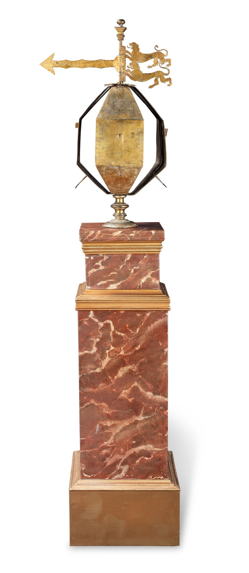 An 18th Century-Style Combined Polyhedral Sundial and Windvane, Continental,: An 18th Century-Style Combined Polyhedral Sundial and Windvane, Continental, the central gilded sphere surrounded by four brass panels, engraved with eight sundials with accompanying gnomons, the uppe