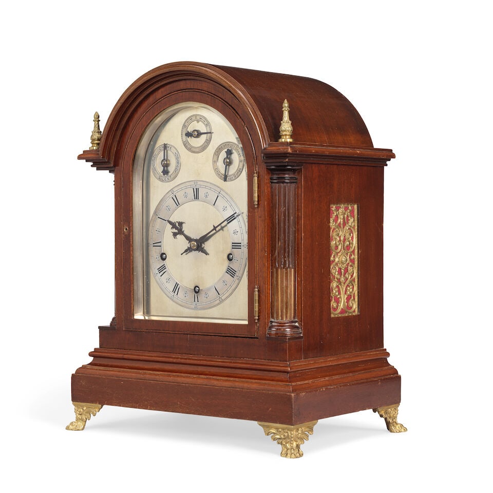 A good early 20th century mahogany cased three train, quarter chiming table clock Winterhalder a... - 4