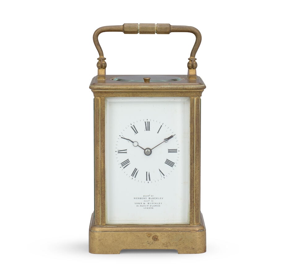 A late 19th century French striking and repeating carriage clock Herbert Blockley, successor to ...: A late 19th century French striking and repeating carriage clock Herbert Blockley, successor to Lund & Blockley, 41 Duke Street, St James's, London The case surmounted by a brass carrying handle over 