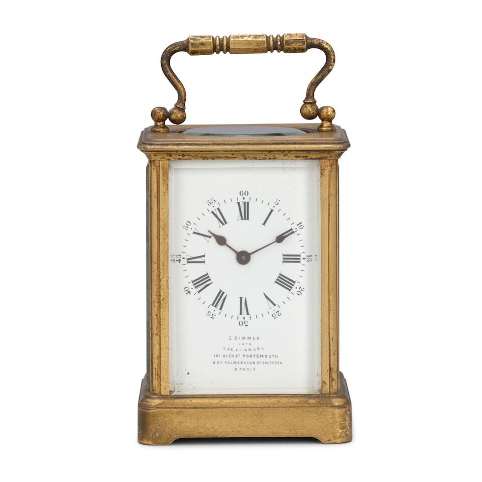 A late 19th century French carriage clock timepiece C. Dimmer, late E. & E. Emanuel, 101 High S...: A late 19th century French carriage clock timepiece C. Dimmer, late E. & E. Emanuel, 101 High Street, Portsmouth, and Palmerston Road, Southsea, and Paris The simple case with brass carrying handle