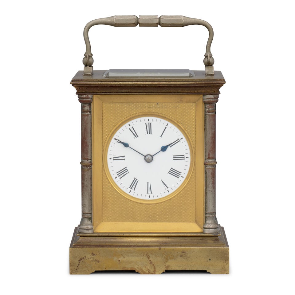 An interesting late 19th century French chain fusee carriage clock timepiece Brevet, Paris: An interesting late 19th century French chain fusee carriage clock timepiece Brevet, Paris The case sumounted by a silvered brass carrying handle over a rectangular observation window, the sides
