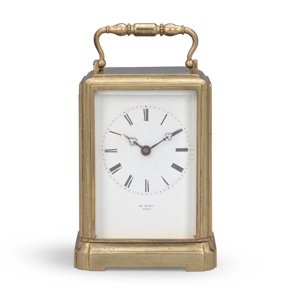 A mid 19th century French one piece case carriage clock with Jules platform escapement Jules, Pa...: A mid 19th century French one piece case carriage clock with Jules platform escapement Jules, Paris, No. 876 The case sumounted by a decorated carrying handle over a large observation window with