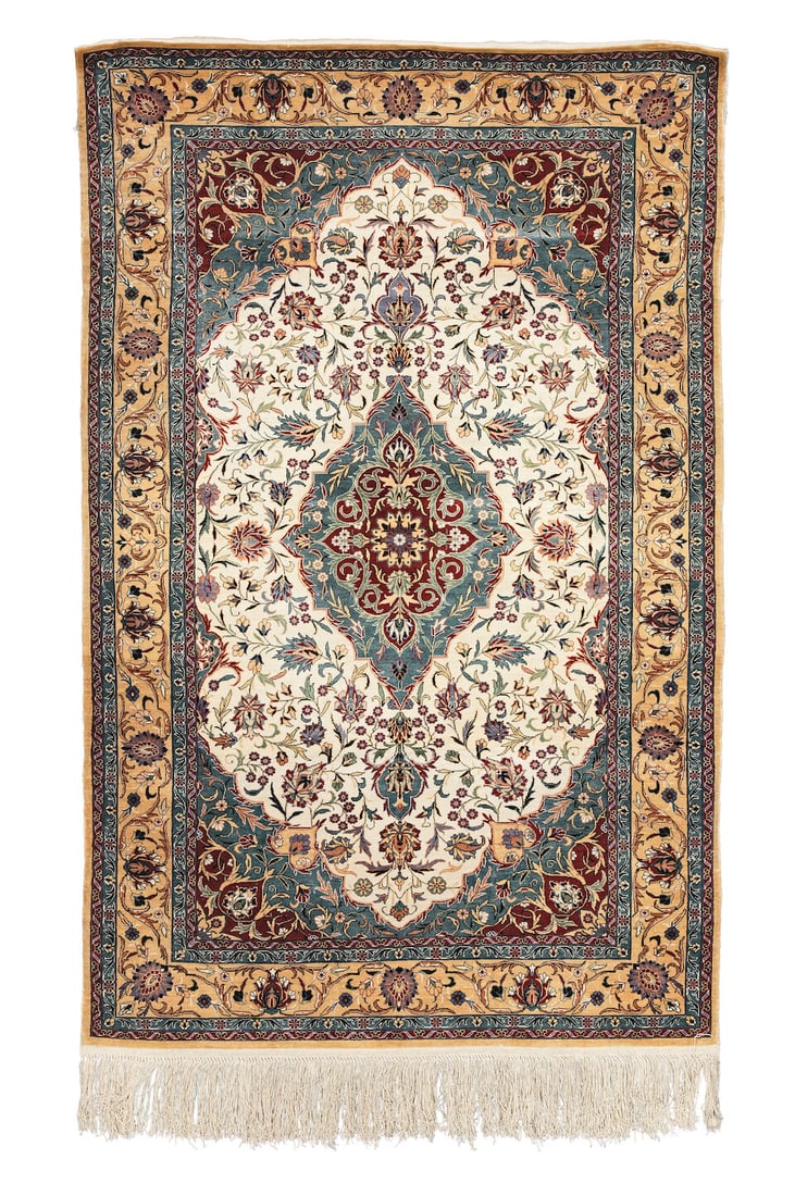 A silk Qum rug Central Persia, 155cm x 90cm: A silk Qum rug Central Persia, 155cm x 90cm Footnotes: Please note that this lot is subject to the US embargo on the import of carpets of Iranian origin as of 6.8.2018 This lot is subject to the follo