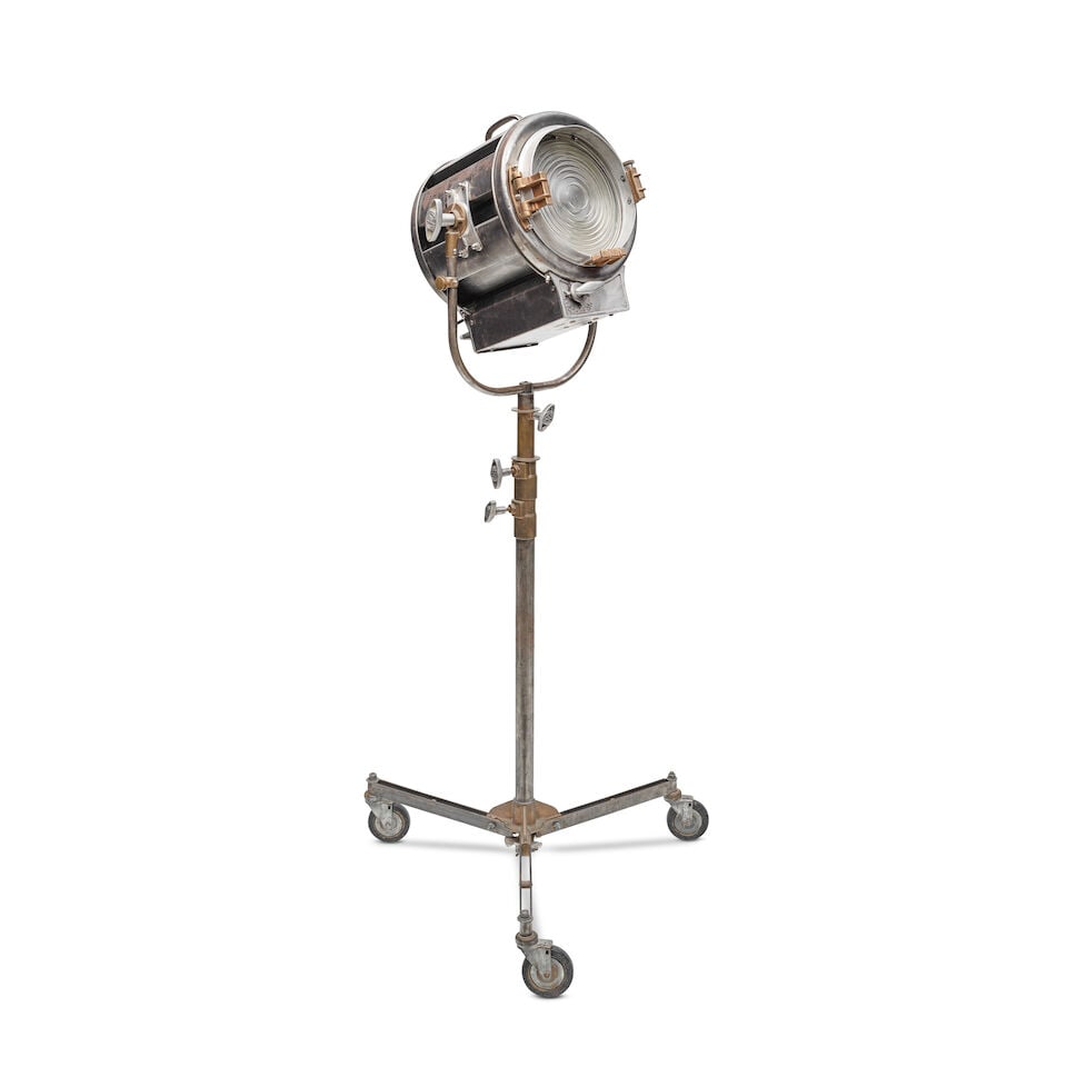A 20th century Mole-Richardson plated and cast iron studio floor lamp Circa 1940-1950, Hollywood...: A 20th century Mole-Richardson plated and cast iron studio floor lamp Circa 1940-1950, Hollywood, California The height adjustable floor standing lamp with 'Spot' to 'Flood' turn settings and three