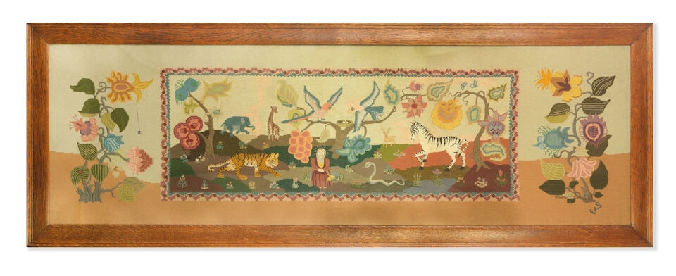 An early to mid-20th century needlework panel Depicting The Garden of Eden Possibly by Elizabeth...: An early to mid-20th century needlework panel Depicting The Garden of Eden Possibly by Elizabeth Stuart of Minchinhampton House The central field designed in colourful wools, with central tree laden w