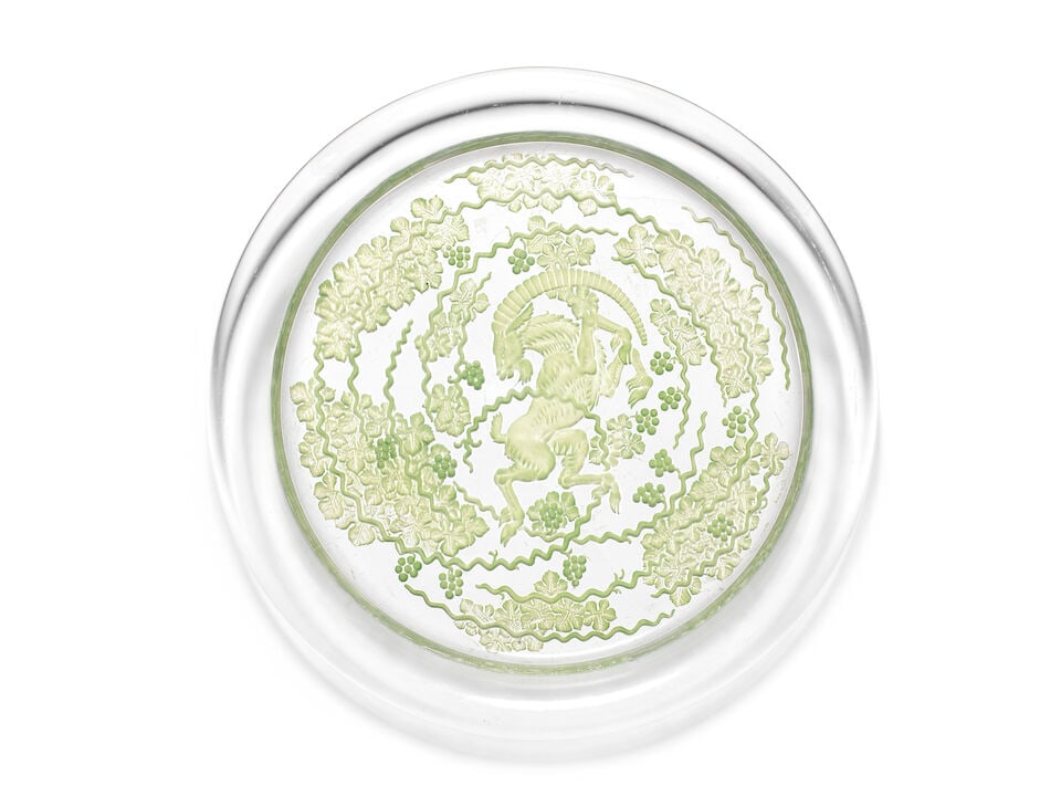 René Lalique (French, 1860-1945) 'Berbère' a Platter, post 1945: René Lalique (French, 1860-1945) 'Berbère' a Platter, post 1945 polished and green-stained glass 39cm diam, engraved 'R.Lalique France' (the 'R' prefix a later addition) Footnotes: This
