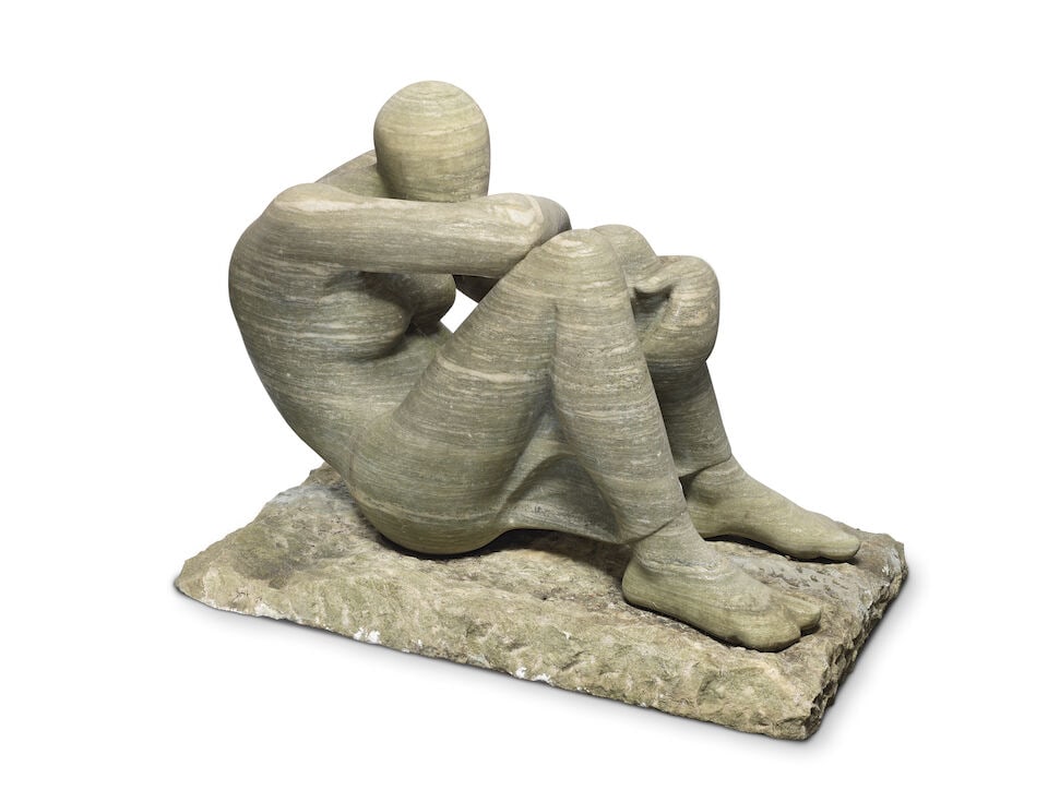 Stella Shawzin (South African, born 1920) Seated figure 62 x 53 x 80cm (24 7/16 x 20 7/8 x 31 1/...: Stella Shawzin (South African, born 1920) Seated figure signed 'SShawzin' (to base) marble 62 x 53 x 80cm (24 7/16 x 20 7/8 x 31 1/2in). Saleroom notices: Please note this lot will be moved to an