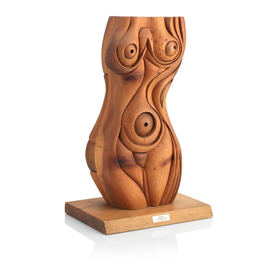 Anthony Quinn (American, born 1915): A carved wood model of 'Iolanda': Anthony Quinn (American, born 1915): A carved wood model of 'Iolanda' Raised on a wooden plinth, 67cm high, 40cm wide, 29cm deep This lot is subject to the following lot symbols: TP TP For auctions