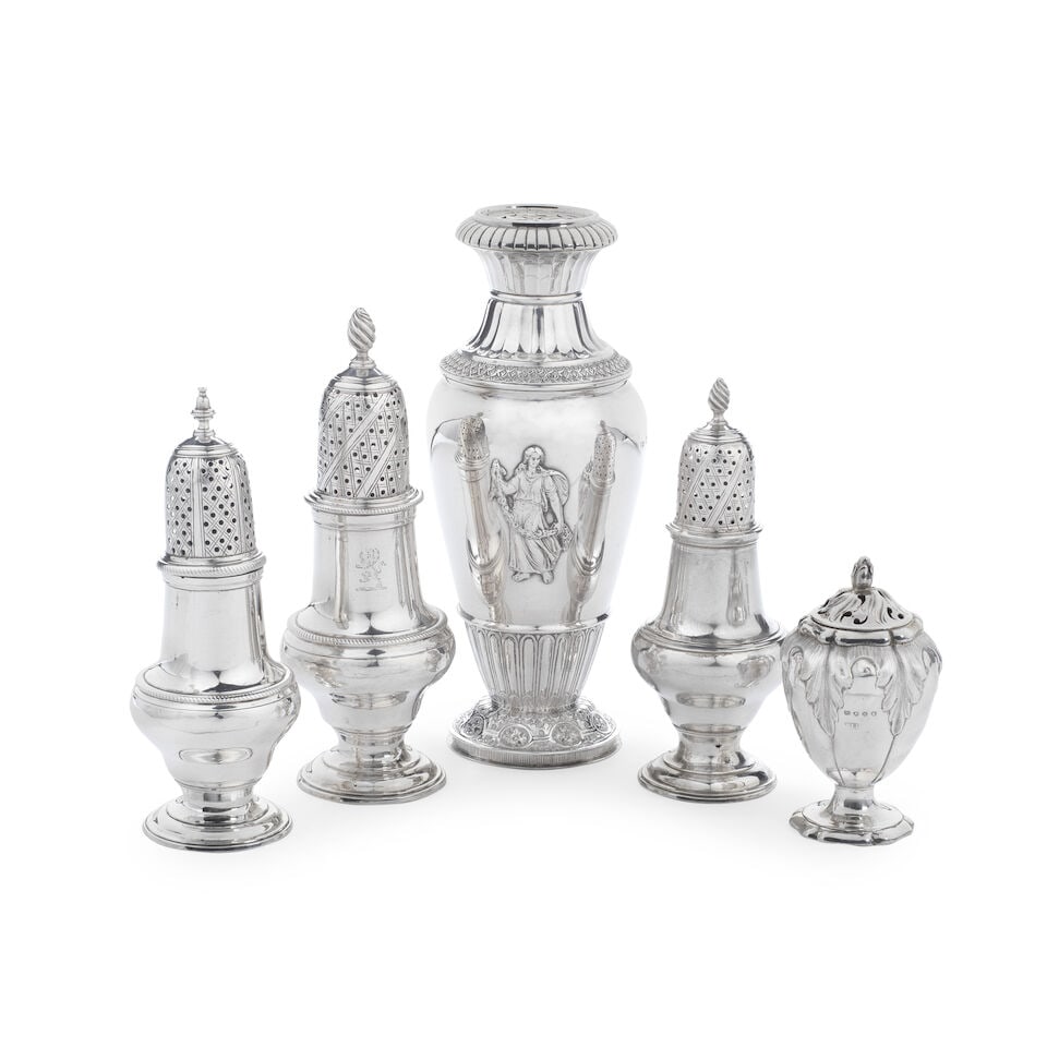A collection of five silver casters various maker's and dates (5) (1 of 1)