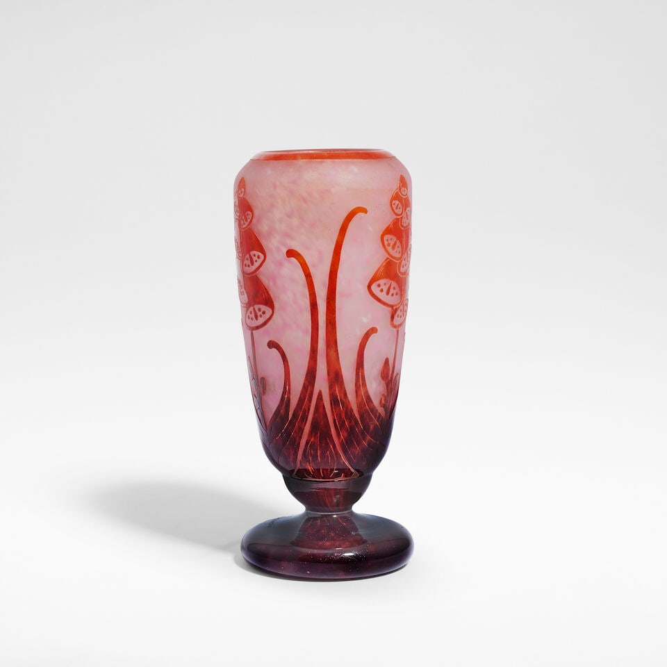 Charles Schneider 'Digitale' Le Verre Français vase, circa 1920: Charles Schneider 'Digitale' Le Verre Français vase, circa 1920 Mottled and frosted pink and clear glass, acid-etched in relief with floral and foliate design, overlaid in mottled orange and