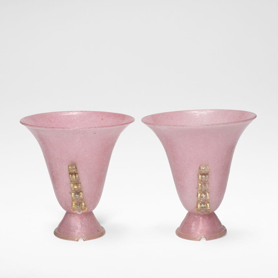 Barovier and Toso Pair of table lamps, circa 1950: Barovier and Toso Pair of table lamps, circa 1950 Blown pink glass, with gold foil inclusions and applied scrolling handles, electrical fittings. Each: 32 cm high, 30 cm diameter For further