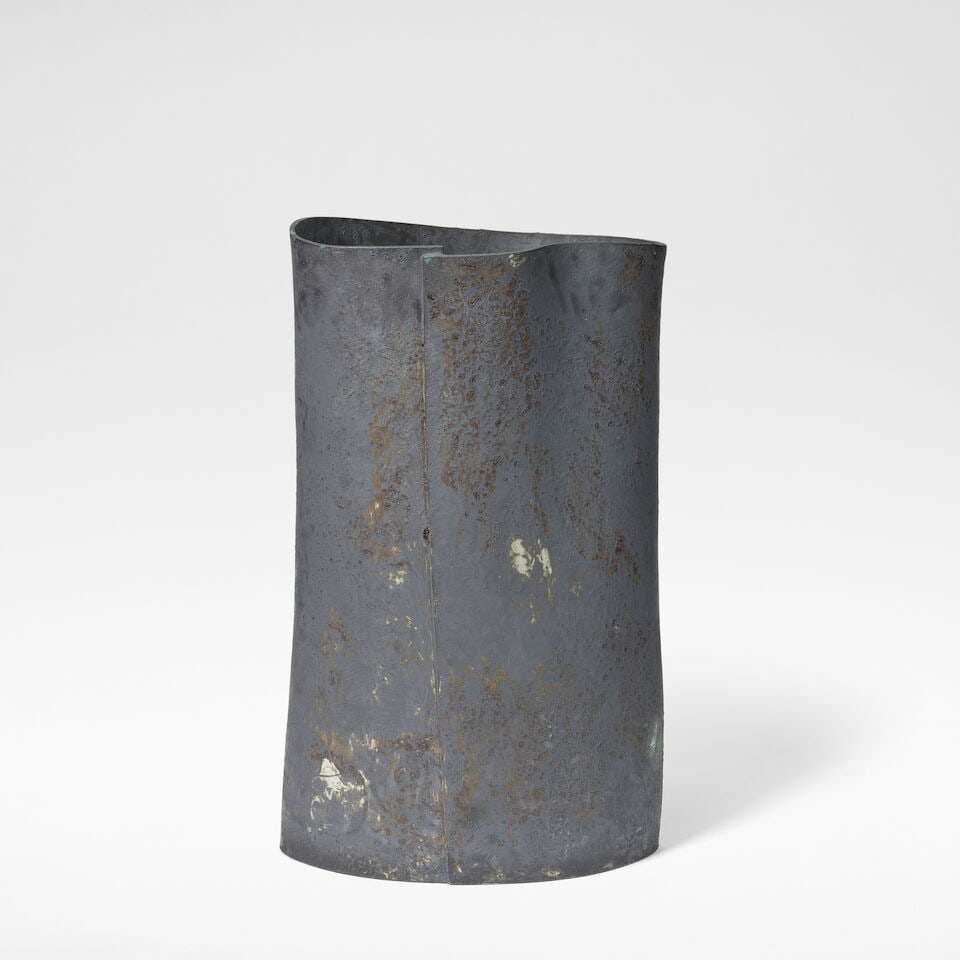 Unknown Maker Large pot: Unknown Maker Large pot Earthenware, mottled dark grey and blue glazes with textured metallic surface, over a folded and squeezed body. 67 cm high, 41.5 cm wide, 28.5 cm deep For further information