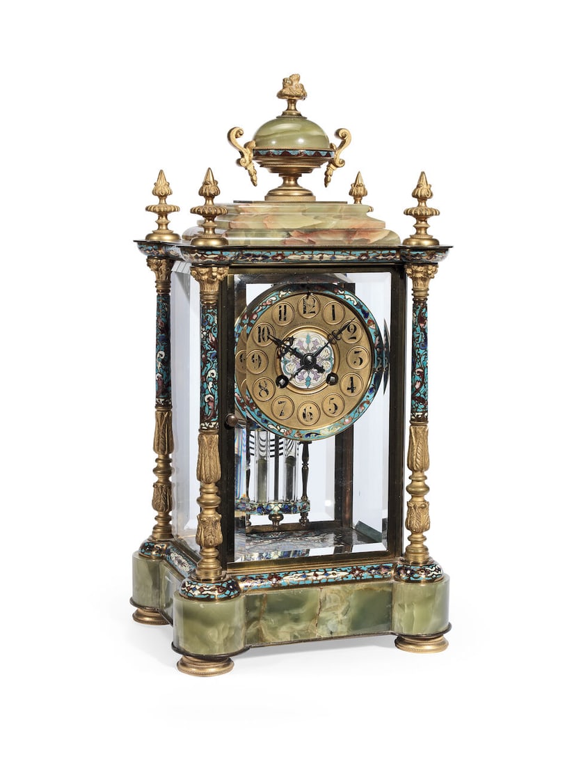 A late 19th century French gilt brass, champlevé enamel and green onyx four glass mantel cl...: A late 19th century French gilt brass, champlevé enamel and green onyx four glass mantel clock the backplate stamped Japy Freres, the dial with The London Jewellers & Silversmiths Co., Jersey
