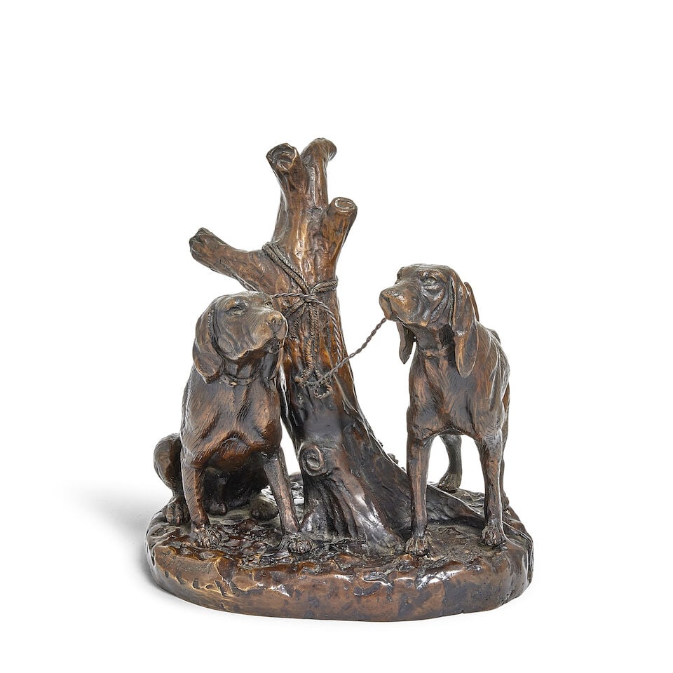 Grace Mott Johnson (American, 1882-1967): A patinated bronze group of two bloodhounds: Grace Mott Johnson (American, 1882-1967): A patinated bronze group of two bloodhounds The dogs with their leads tied to a tree stump, on naturalistic base, signed Johnson, , 34cm high, 29cm wide,
