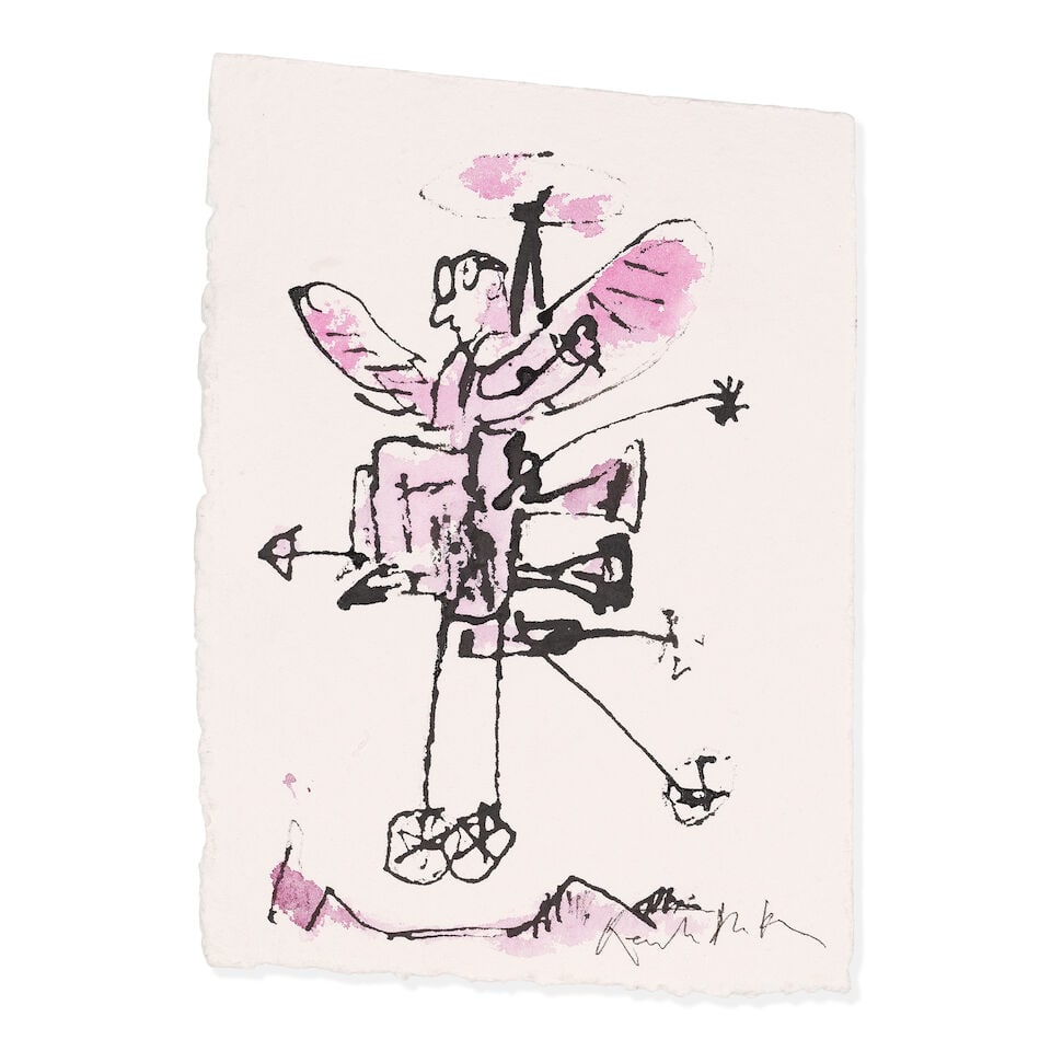 Sir Quentin Blake (British, born 1932) Birthday Wings No. 15 (unframed) (Painted in December 2025): Sir Quentin Blake (British, born 1932) Birthday Wings No. 15 signed 'Quentin Blake' (lower right) pen and ink and watercolour on handmade paper 30 x 21.5cm (11 13/16 x 8 7/16in). (unframed) Painted in