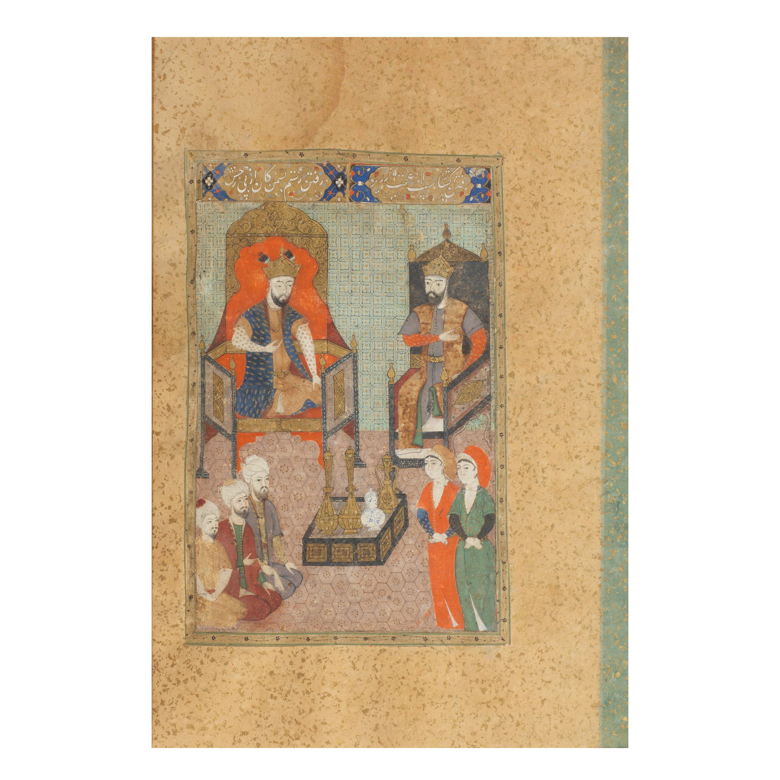 Two enthroned rulers seated in discourse, attended by courtiers Ottoman Turkey, probably Istanbu...: Two enthroned rulers seated in discourse, attended by courtiers Ottoman Turkey, probably Istanbul, circa 1580 gouache and gold on paper, two text panels at top excised from a Persian manuscript of the
