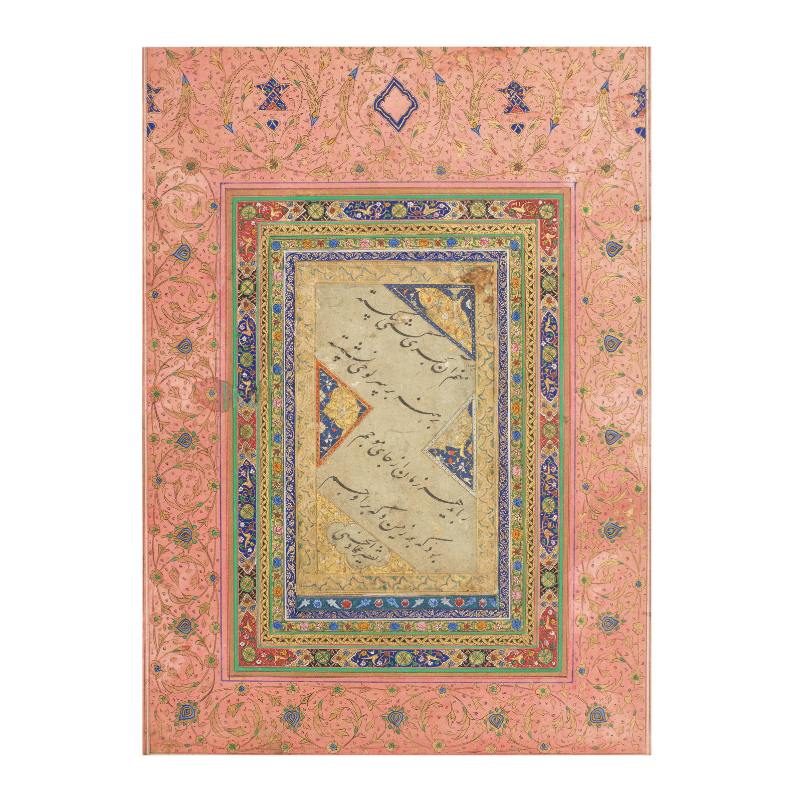 A calligraphic album page consisting of two couplets from Jami's Yusuf and Zulaykha, signed by '...: A calligraphic album page consisting of two couplets from Jami's Yusuf and Zulaykha, signed by 'Imad al-Hasani Persia, 16th Century Persian manuscript on grey-green paper, two couplets written diagona
