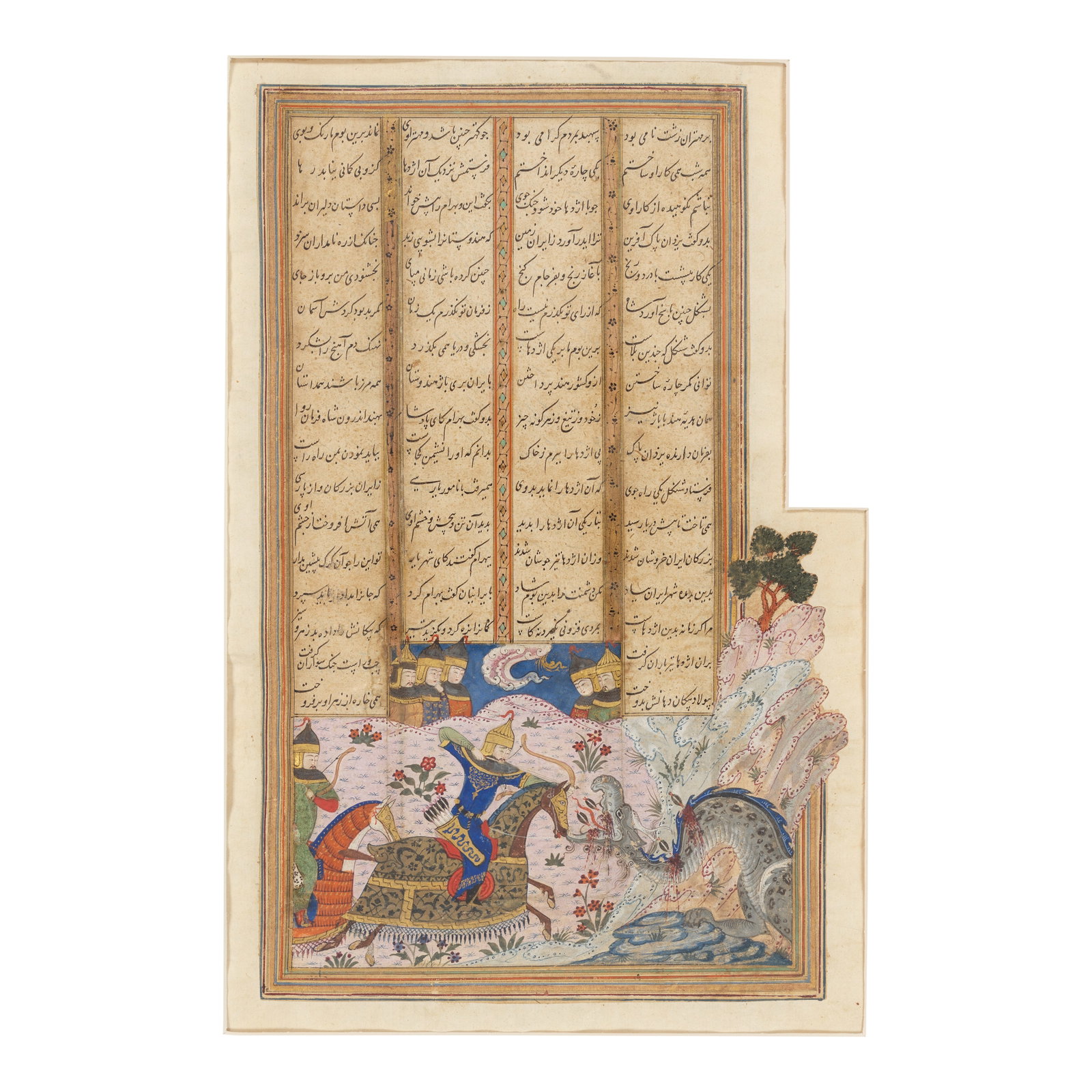 An illustrated leaf from a manuscript of Firdausi's Shahnama, depicting Bahram Gur slaying a dra... (1 of 1)