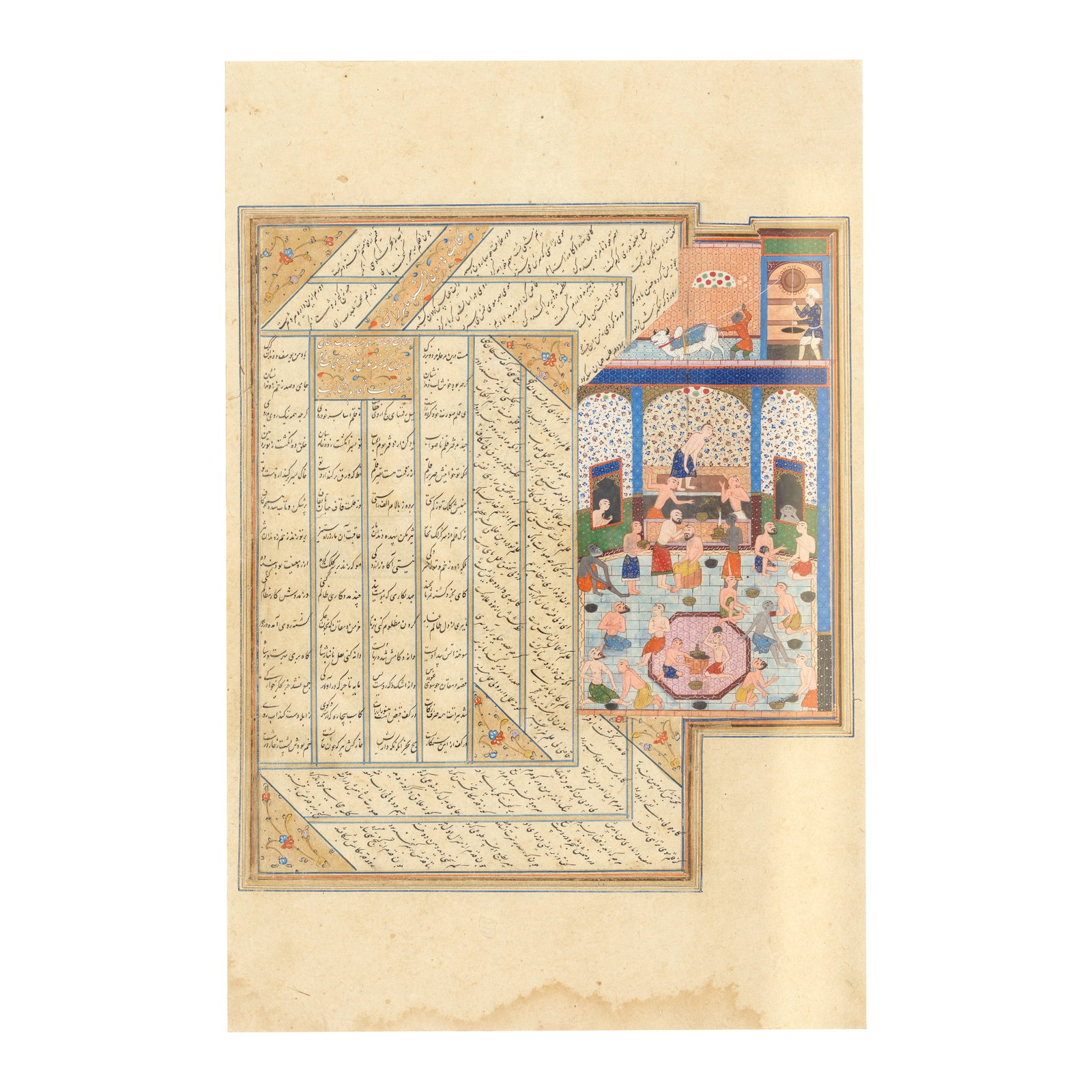 An illustrated leaf from a manuscript of Nizami's Makhzan al-Asrar, part of the Khamsa, depictin...: An illustrated leaf from a manuscript of Nizami's Makhzan al-Asrar, part of the Khamsa, depicting Harun al-Rashid in the bath house, with the barber asking the Caliph for his daughter's hand Persia, S