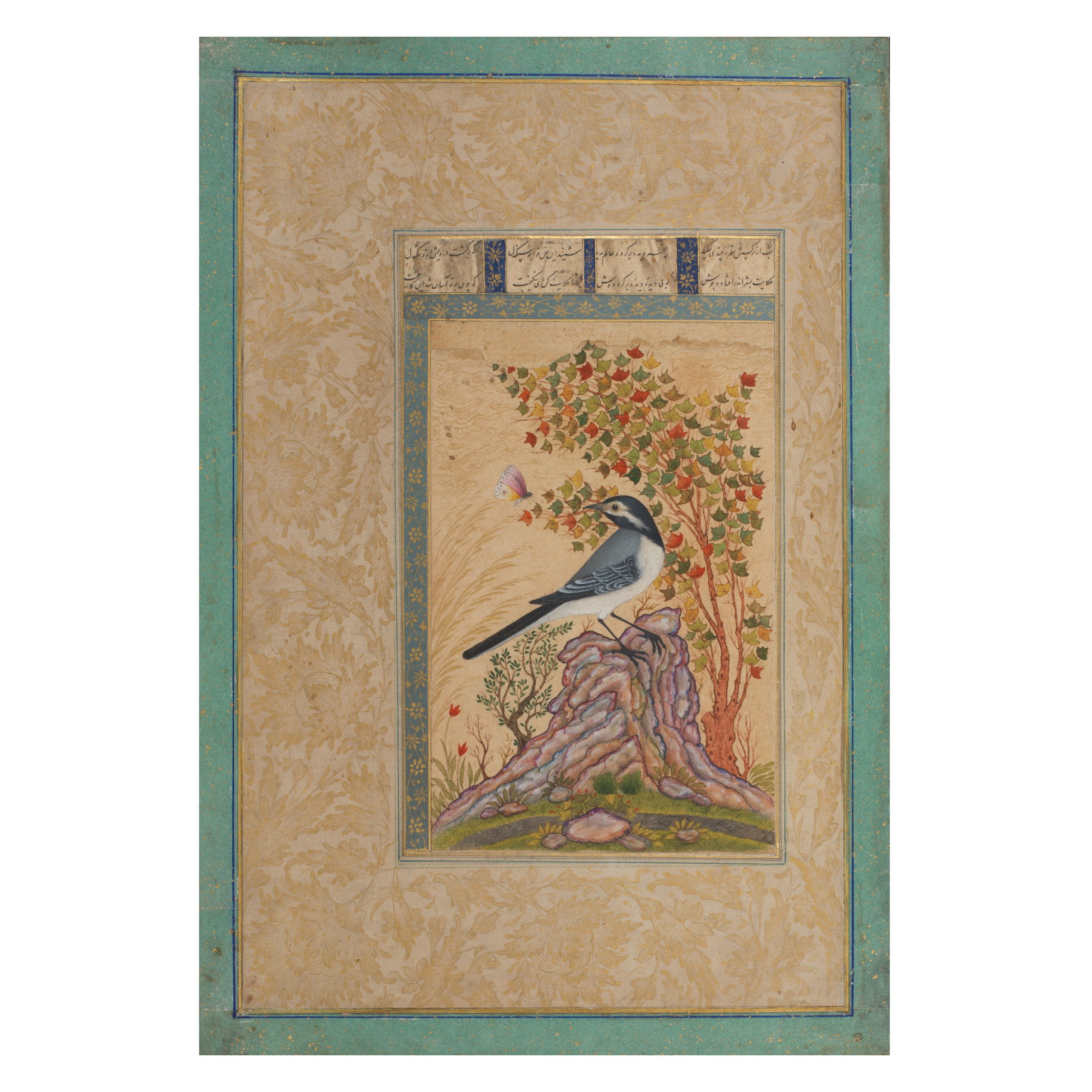 A bird perching on a rock beneath a tree Persia, Isfahan, circa mid-17th Century: A bird perching on a rock beneath a tree Persia, Isfahan, circa mid-17th Century gouache on paper, illuminated inner border, two lines of text in nasta'liq in four columns excised from a manuscript of