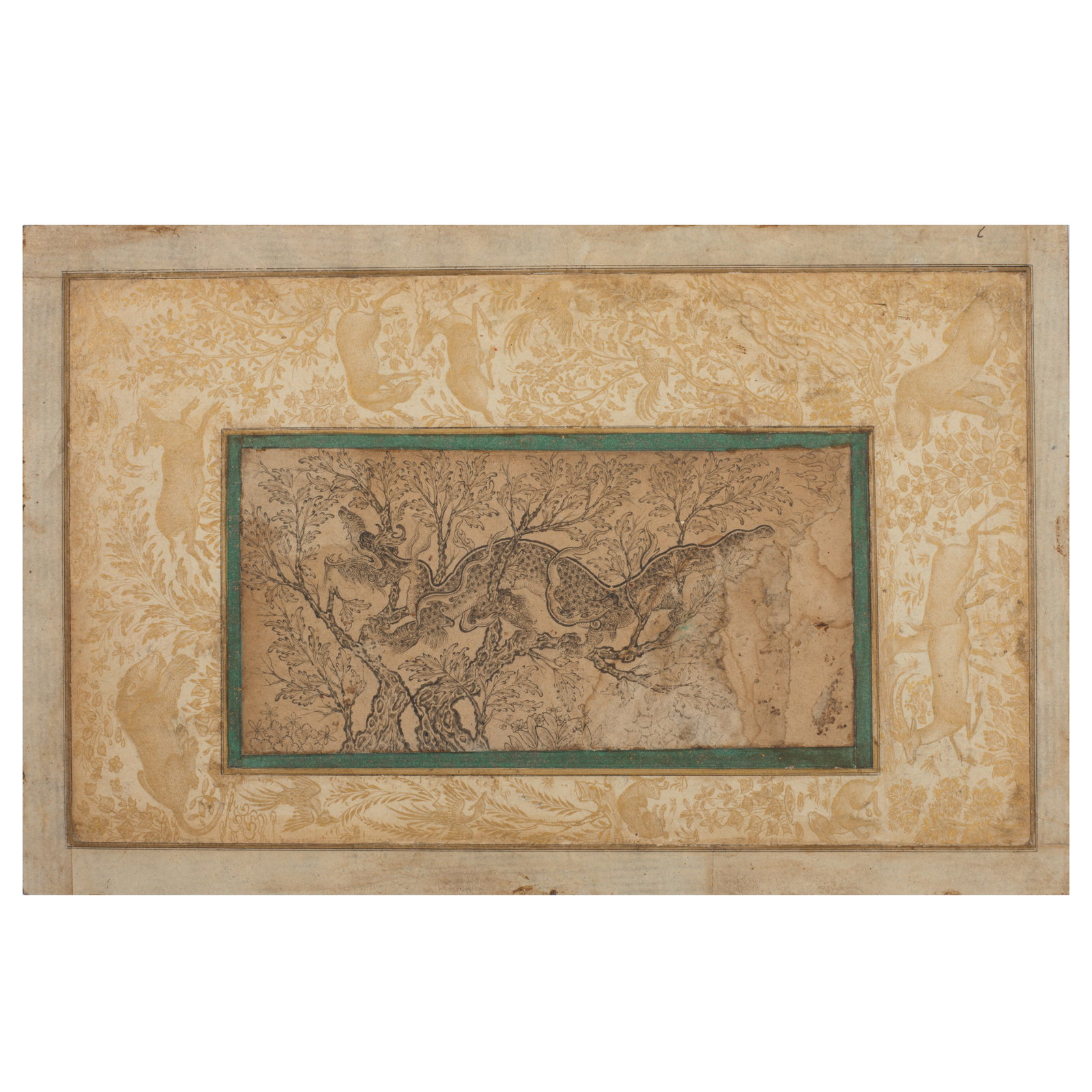 A drawing of a dragon writhing amidst the branches of a tree, laid down on an illuminated album ...: A drawing of a dragon writhing amidst the branches of a tree, laid down on an illuminated album page Persia, Isfahan, 17th Century pencil on paper, laid down on an illuminated album page, with a narro