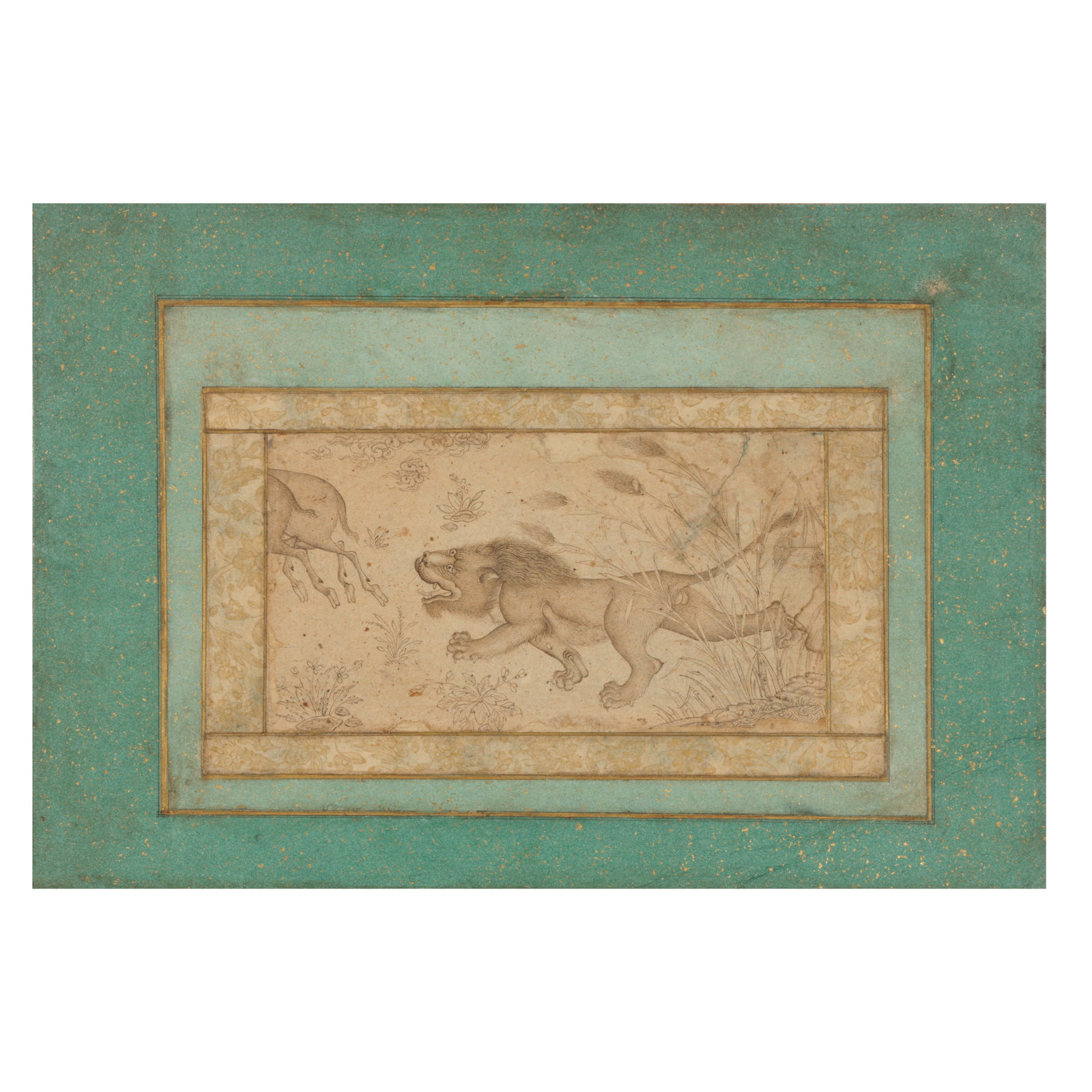 A drawing of a lion in pursuit of ibex, laid down on an illuminated album page Persia, Isfahan, ...: A drawing of a lion in pursuit of ibex, laid down on an illuminated album page Persia, Isfahan, 17th Century pencil on paper, laid down on an illuminated album page, inner borders with naturalistic fl