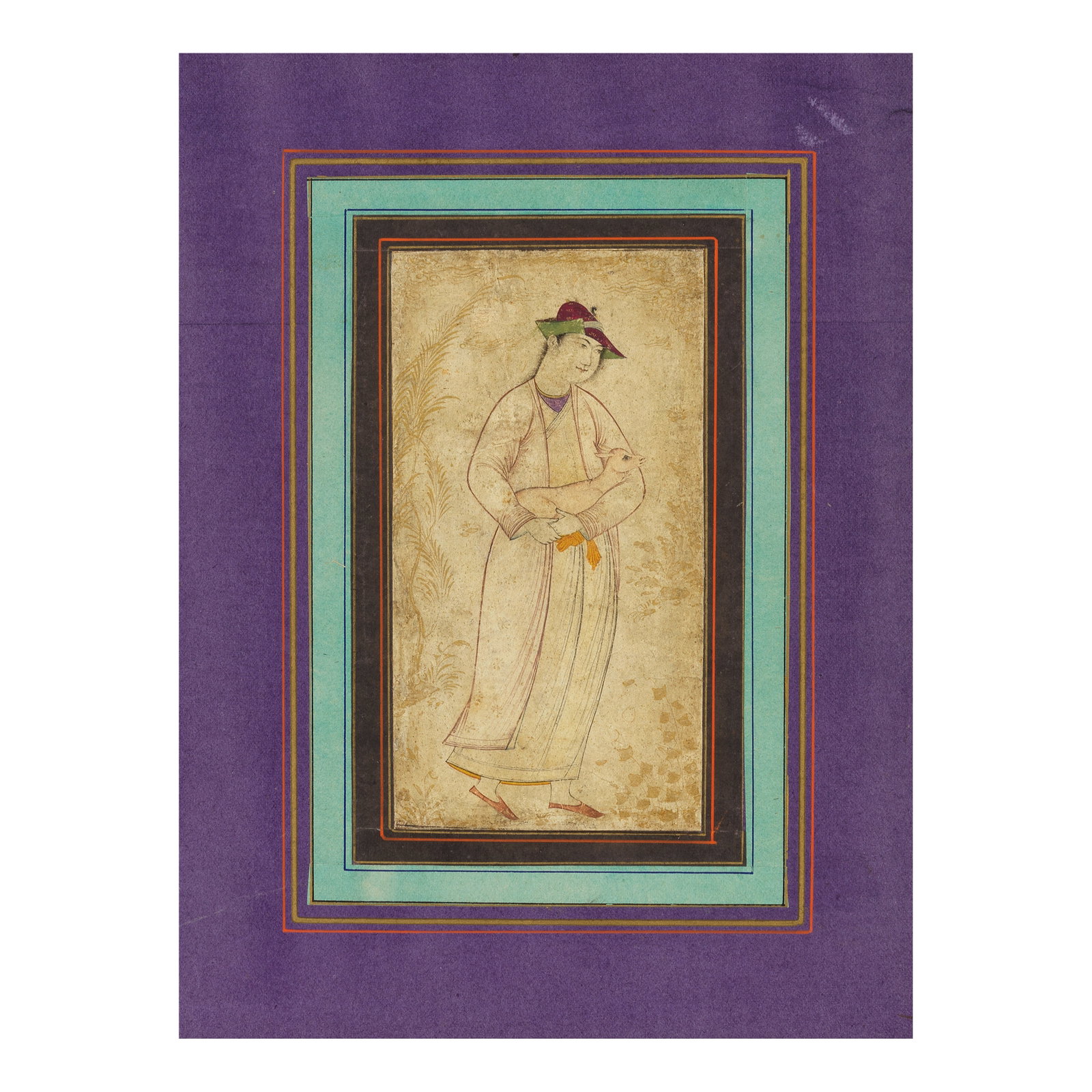 A youth cradling a lamb Persia, mid-17th Century: A youth cradling a lamb Persia, mid-17th Century gouache and gold on paper, indistinct inscription at lower centre, laid down on 19th Century album page borders painting 140 x 75 mm.; album page 373 x