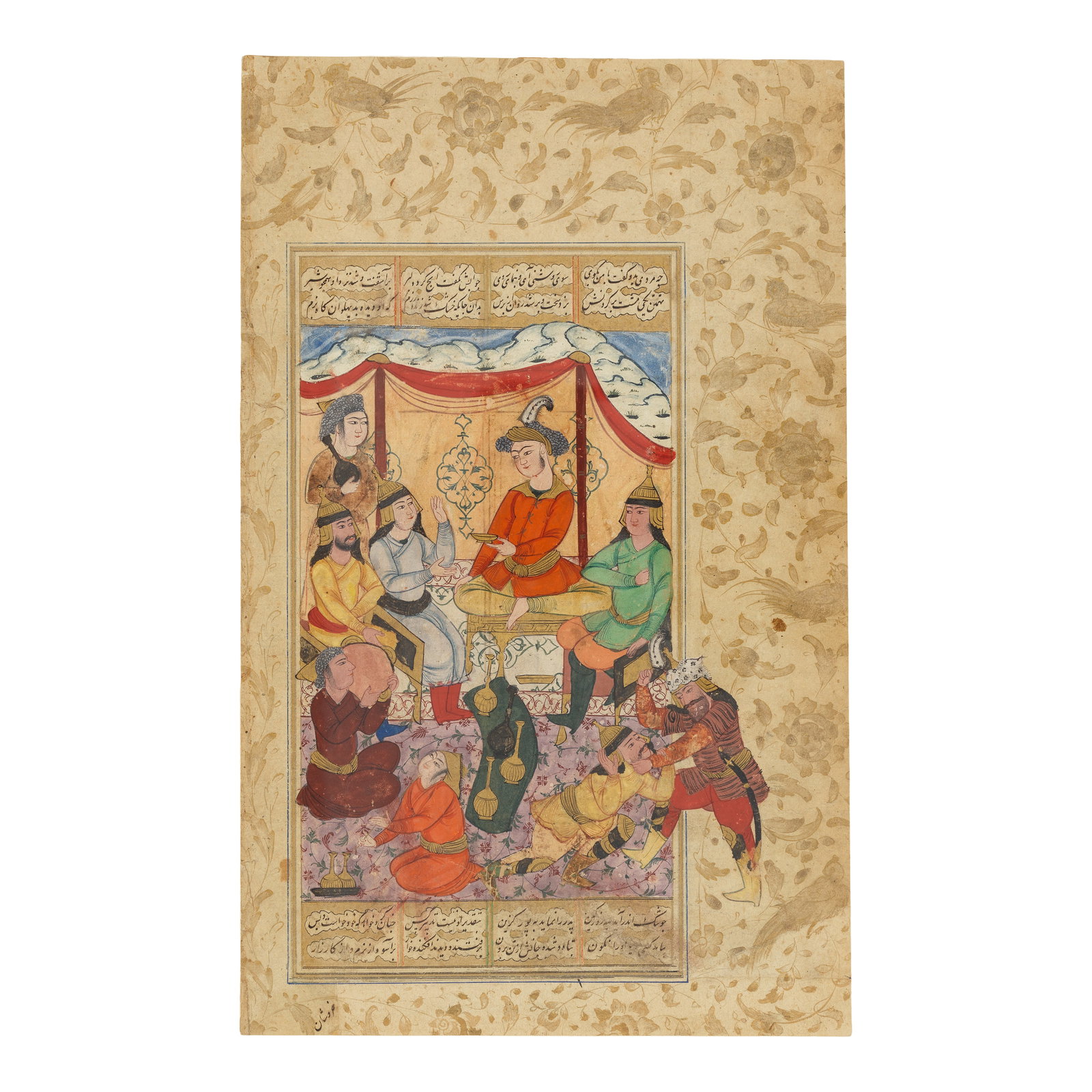 An illustrated leaf from a manuscript of Firdausi's Shahnama, depicting Rustam killing Zhendeh R...: An illustrated leaf from a manuscript of Firdausi's Shahnama, depicting Rustam killing Zhendeh Razm with a blow of his fist Persia, 17th Century gouache and gold on paper, four lines of text recto wri