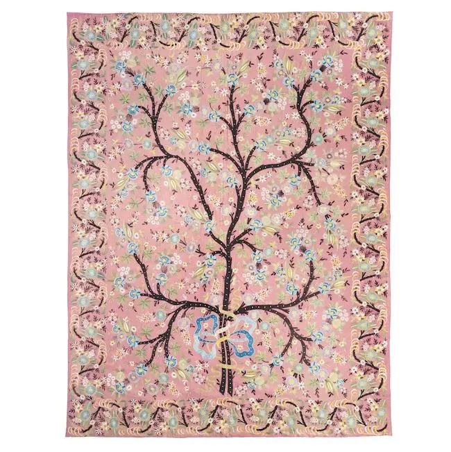 An Ottoman silk embroidered tree of life coverlet (yorgan yüzü) Turkey, 18th/ 19th Ce...: An Ottoman silk embroidered tree of life coverlet (yorgan yüzü) Turkey, 18th/ 19th Century of rectangular form, the mauve silk ground chain-stitch embroidered in polychrome with a flowering 