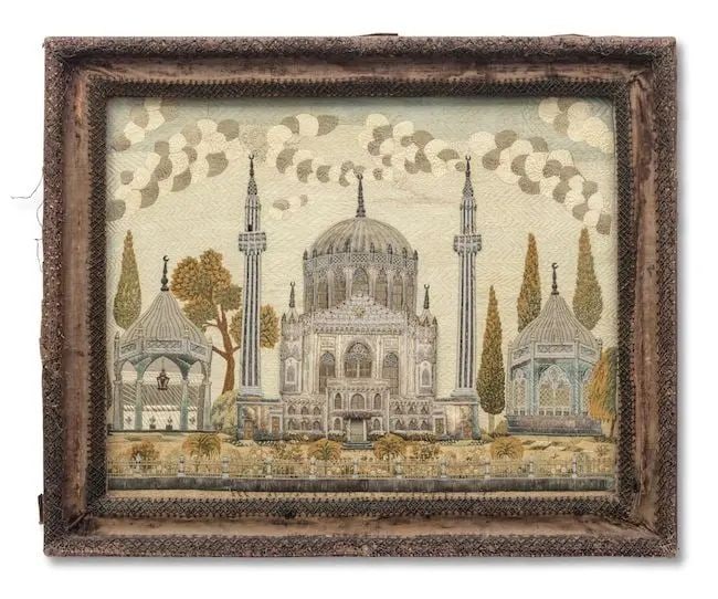 An Ottoman silk and metal-thread embroidered and appliqué panel depicting the Pertevniyal V...: An Ottoman silk and metal-thread embroidered and appliqué panel depicting the Pertevniyal Valide Sultan Mosque, Istanbul Turkey, 19th Century of rectangular form, embroidered in polychrome silks 