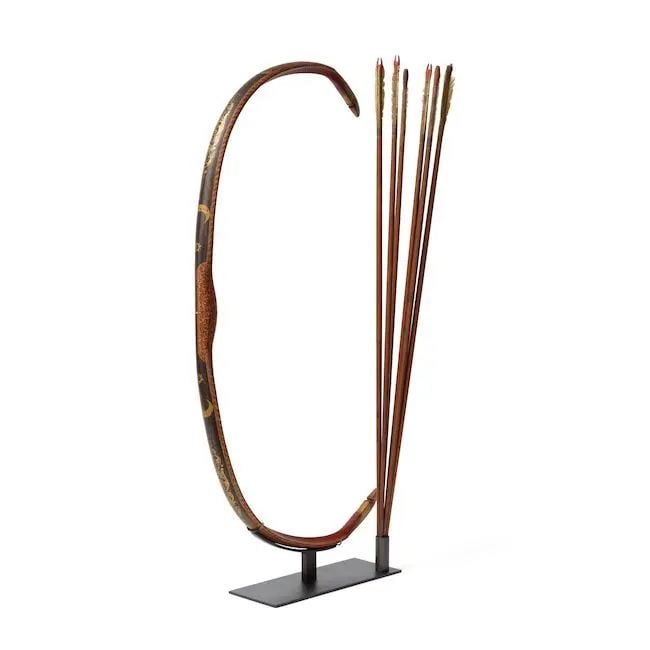 An Ottoman lacquered composite bow with six arrows Turkey, 18th Century(8): An Ottoman lacquered composite bow with six arrows Turkey, 18th Century of typical curving form, decorated in red and gilt with arabesques to grip, the inner face with foliated cartouches containing f