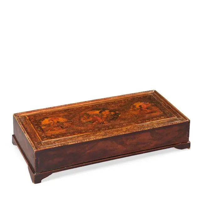 A Safavid lacquer writing box by an artist in the circle of Muhammad Zaman or Haji Muhammad Pers...: A Safavid lacquer writing box by an artist in the circle of Muhammad Zaman or Haji Muhammad Persia, late 17th/ early 18th Century of rectangular form with sliding lid opening to reveal six compartment
