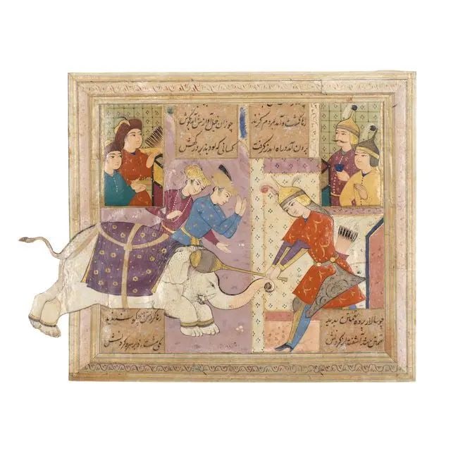 A section of a leaf from a manuscript of Firdausi's Shahnama, depicting Rustam killing the white...: A section of a leaf from a manuscript of Firdausi's Shahnama, depicting Rustam killing the white elephant Persia, attributable to Mu'in Musavvir, second half of the 17th Century gouache and gold on pa