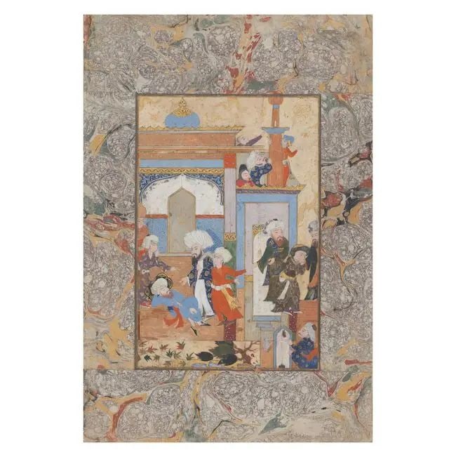 The death of Imam Hasan within the precincts of a palace Ottoman Turkey, early 17th Century: The death of Imam Hasan within the precincts of a palace Ottoman Turkey, early 17th Century pen and ink, gouache and gold on paper laid down on card, ebru borders album page 290 x 195 mm. Footnotes: P