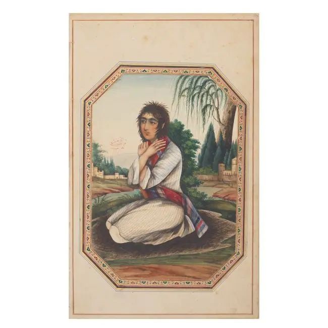 Two paintings depicting seated dervishes, attributed to Lutf'ali Shirazi Qajar Persia, one dated...: Two paintings depicting seated dervishes, attributed to Lutf'ali Shirazi Qajar Persia, one dated AH 1272/AD 1856-57 watercolour on paper, each octagonal with illuminated borders, laid down on album pa
