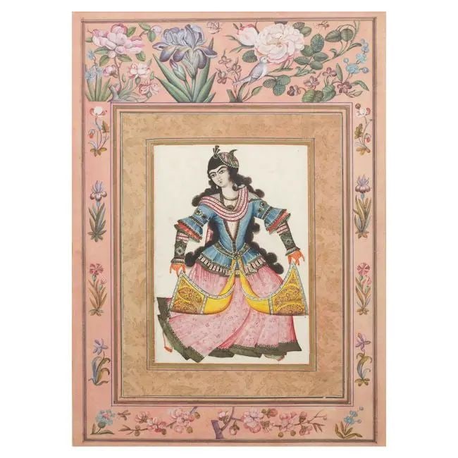 A painting of a dancing girl, laid down on an album page with decorated floral borders Qajar Per...: A painting of a dancing girl, laid down on an album page with decorated floral borders Qajar Persia, mid-19th Century gouache with some gold on paper, inner border with naturalistic foliate motifs in 