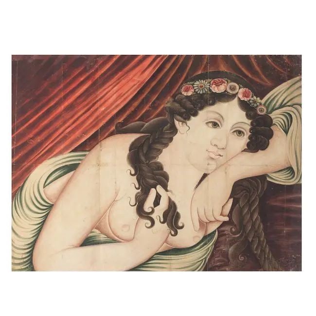 A courtesan reclining in a draped interior Qajar Persia, mid-19th Century: A courtesan reclining in a draped interior Qajar Persia, mid-19th Century watercolour on paper 350 x 470 mm. Footnotes: Provenance Bonhams, Islamic and Indian Art, 6th October 2008, lot 438. P