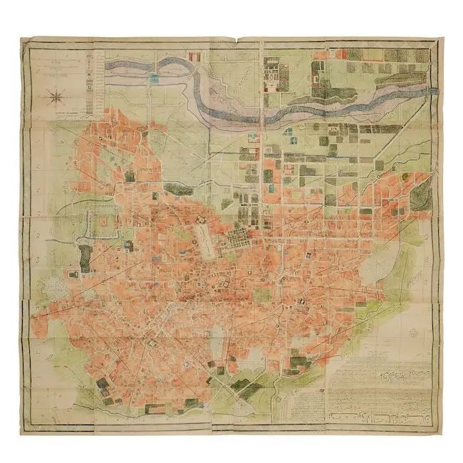 A large printed map of the city of Isfahan Qajar Persia, in the print house of Mirza Husayn Farh...: A large printed map of the city of Isfahan Qajar Persia, in the print house of Mirza Husayn Farhang in Isfahan, dated in poetic form in abjad, also conventionally 9 Jumadi II 1342/17th January 1924, a