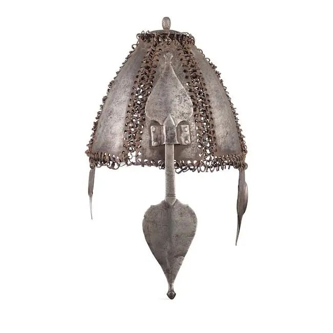 A rare mail and plate helmet South India, possibly Hyderabad, 16th/ 17th Century: A rare mail and plate helmet South India, possibly Hyderabad, 16th/ 17th Century comprising six panels linked to each other with mail rings, surmounted by a slightly domed crest with bulbous finial, e