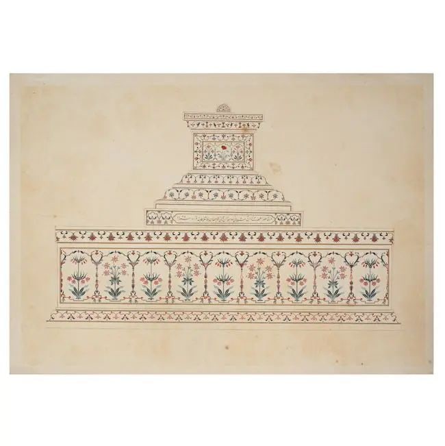 The cenotaph of Shah Jahan Company School, Delhi or Agra, circa 1820-30: The cenotaph of Shah Jahan Company School, Delhi or Agra, circa 1820-30 pen and ink and watercolour on paper 492 x 696 mm. Footnotes: Provenance Property from a distinguished private collection, Londo