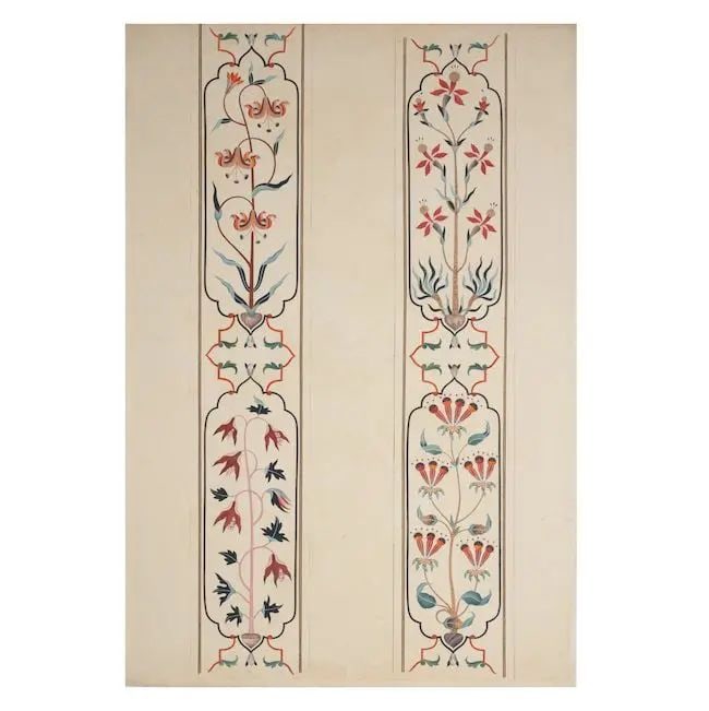 A study of the floral pietra dura work on the cenotaph screen at the Taj Mahal Company School, D...: A study of the floral pietra dura work on the cenotaph screen at the Taj Mahal Company School, Delhi or Agra, circa 1810-30 watercolour on paper watermarked George Taylor 1802 495 x 720 mm. Footnotes: