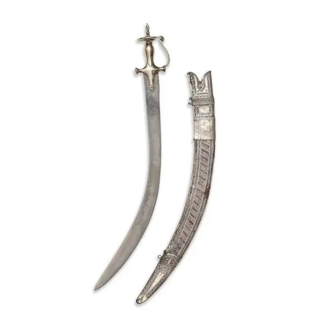 A silver-hilted steel sword (tulwar) presented by Ahmed Izzet Pasha (1864-1937), former Grand Vi...: A silver-hilted steel sword (tulwar) presented by Ahmed Izzet Pasha (1864-1937), former Grand Vizier of the Ottoman Empire and later Minister of Foreign Affairs, to Lieutenant J. B. Rickatson-Hatt in 