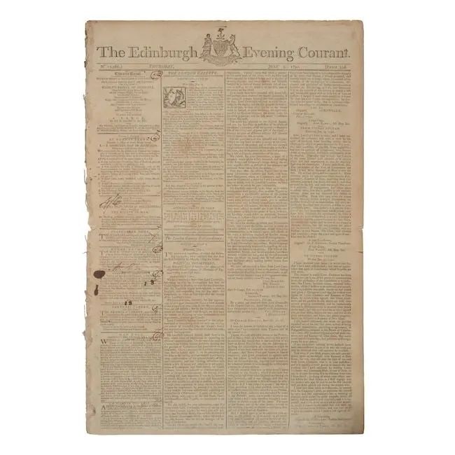 Three contemporary English newspapers with articles relating to Tipu Sultan, Cornwallis, and eve...: Three contemporary English newspapers with articles relating to Tipu Sultan, Cornwallis, and events in South India Edinburgh and Northampton, 24th May, 5th July 1792, and 1st February 1794 comprising 
