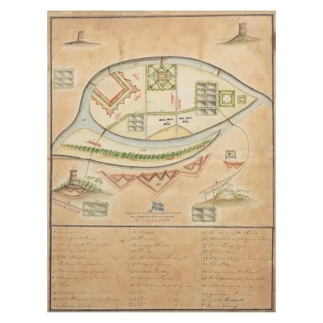 A rare annotated map of the 1792 assault by Cornwallis on Seringapatam, Tipu Sultan's fortress S...: A rare annotated map of the 1792 assault by Cornwallis on Seringapatam, Tipu Sultan's fortress South India, late 18th Century pen and ink and watercolour on watermarked paper, handwritten key to locat