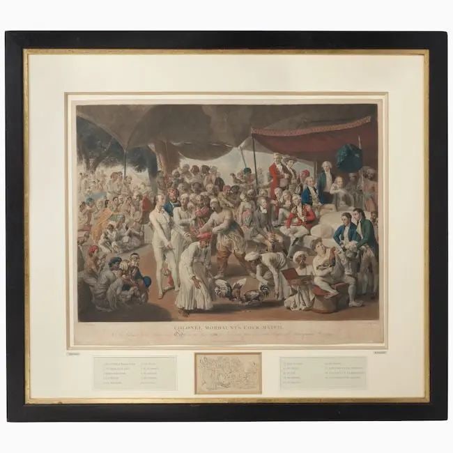 Colonel Mordaunt's Cock Match, after Johann Zoffany RA, engraved by Richard Earlom London, [1794]: Colonel Mordaunt's Cock Match, after Johann Zoffany RA, engraved by Richard Earlom London, [1794] hand-coloured mezzotint, inscribed in lower border with the title and subtitle At Lucknow in the Provi