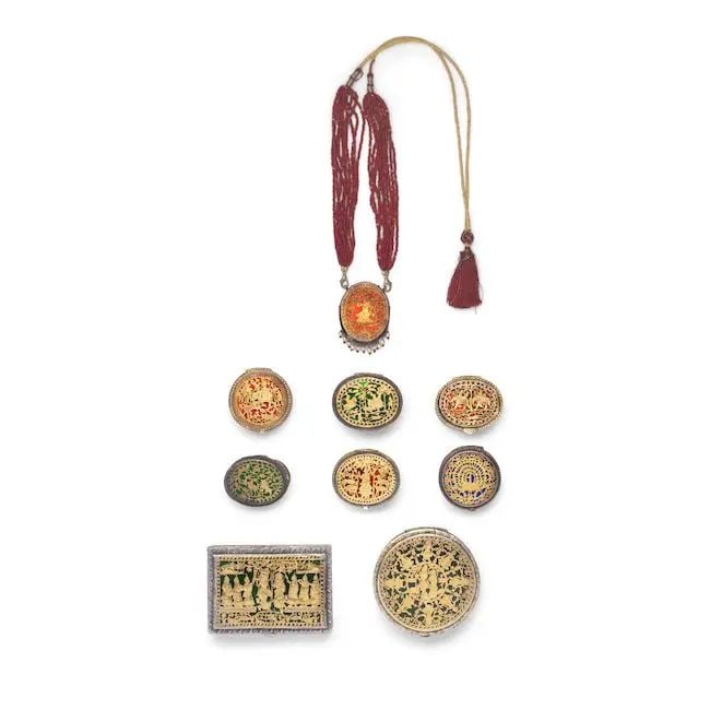 A group of Pratapgarh gold and stained glass Thewa boxes and a necklace North India, Rajasthan, ... (1 of 1)