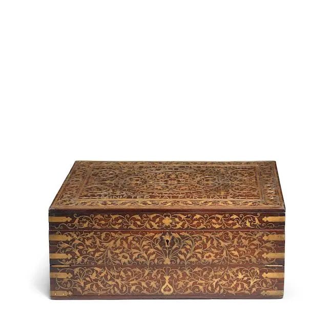 A brass-inlaid carved wood writing box belonging to the Nawab of Pahasu North India, probably Ma... (1 of 1)